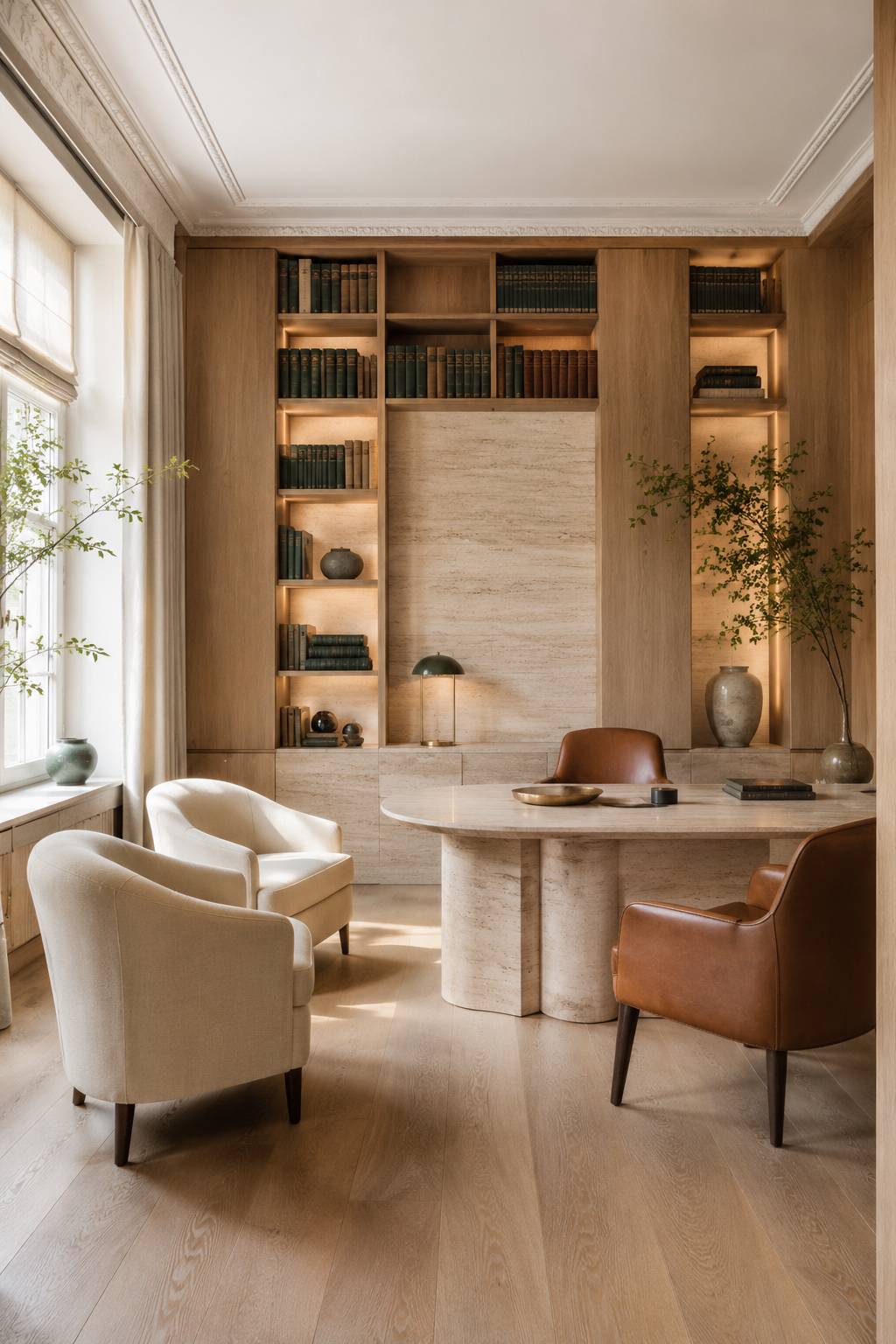 Licht boutique belastingadvieskantoor met eikenhouten boekenkasten, natuursteen en warme daglichtinval